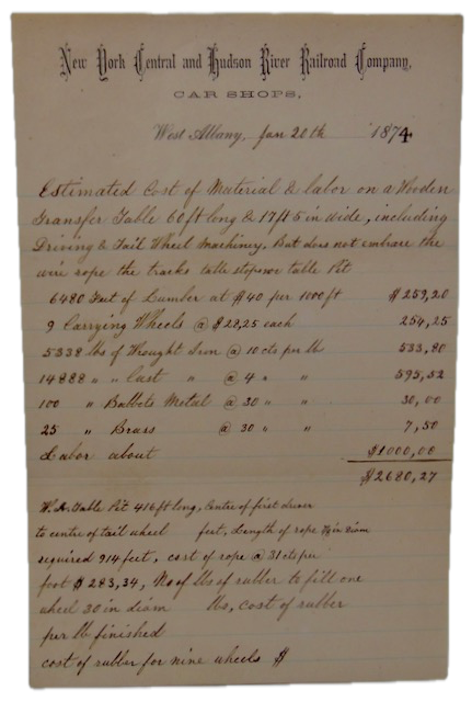 Manuscript Estimate, New York Central and Hudson River Railroad Company 1874