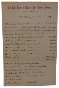 Manuscript Estimate, New York Central and Hudson River Railroad Company 1874