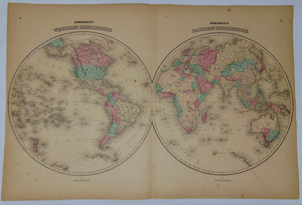 [MAP] c. 1860 Johnson's Western Hemisphere & Johnson's Eastern Hemisphere