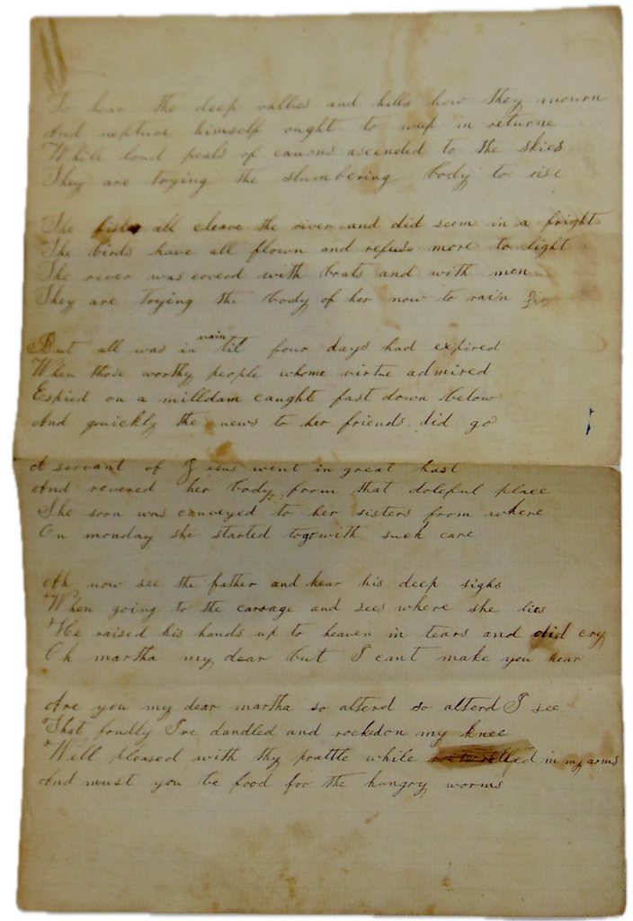 Manuscript poem DEATH by DROWNING of the child Martha Stevens of Factoryville