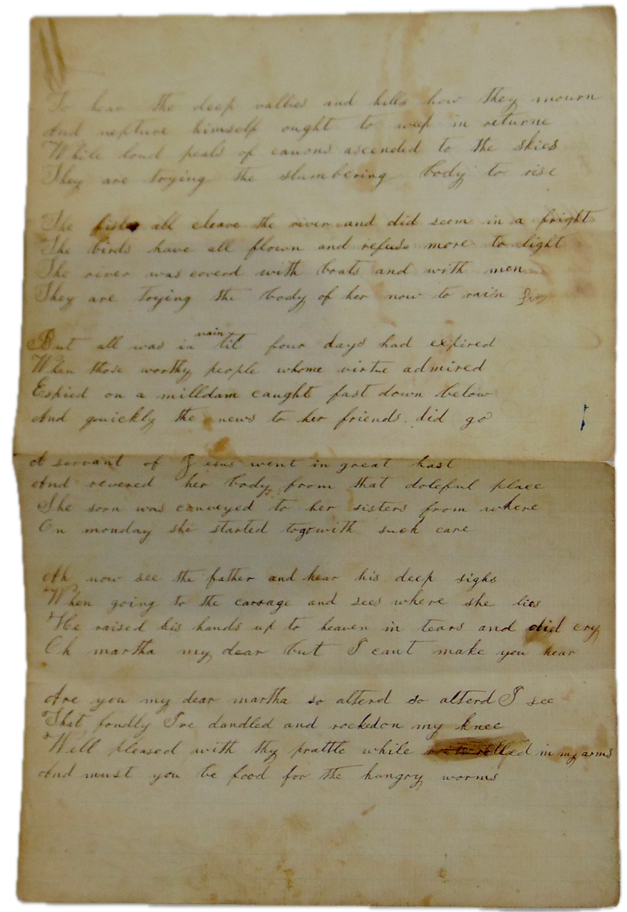 Manuscript poem DEATH by DROWNING of the child Martha Stevens of Factoryville