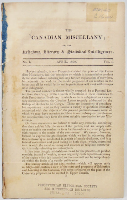 The Canadian Miscellany; or, The Religious, Literary & Statistical Intelligencer. No. 1, Vol. 1.